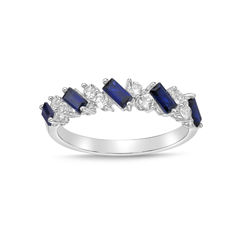 S925 Silver Baguette Sapphire and White Diamond Cluster Ring