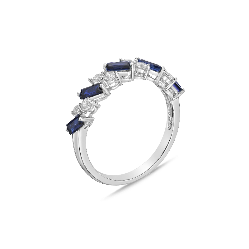 S925 Silver Baguette Sapphire and White Diamond Cluster Ring