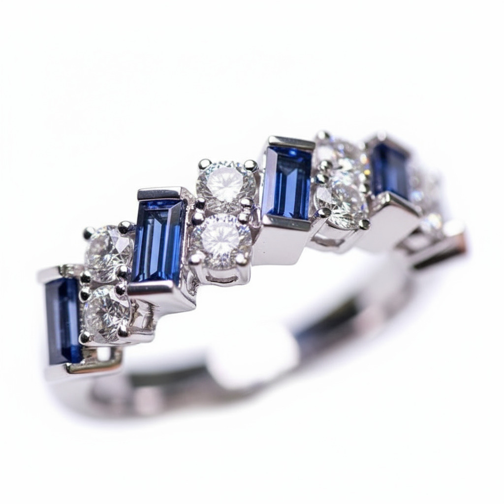 S925 Silver Baguette Sapphire and White Diamond Cluster Ring