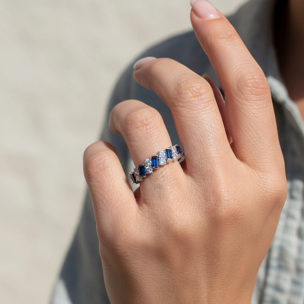 S925 Silver Baguette Sapphire and White Diamond Cluster Ring