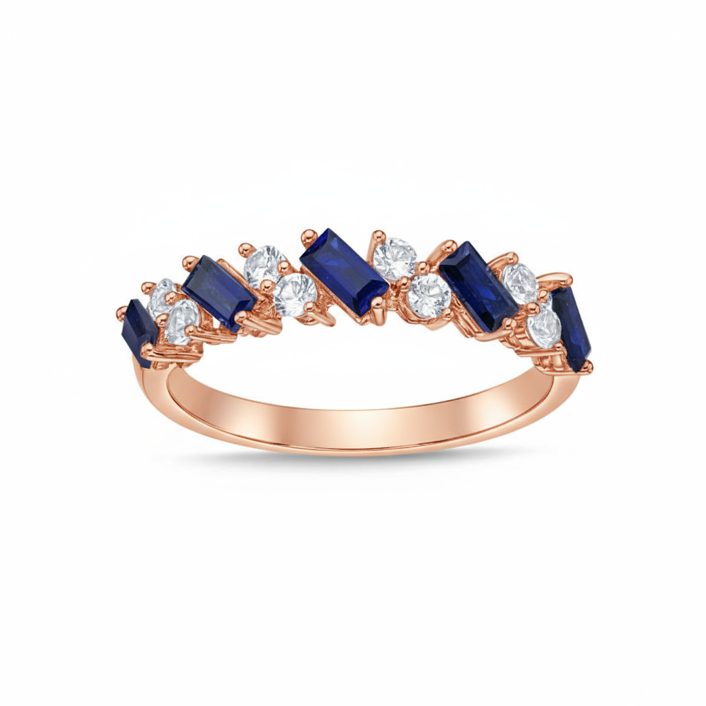 S925 Silver Baguette Sapphire and White Diamond Cluster Ring