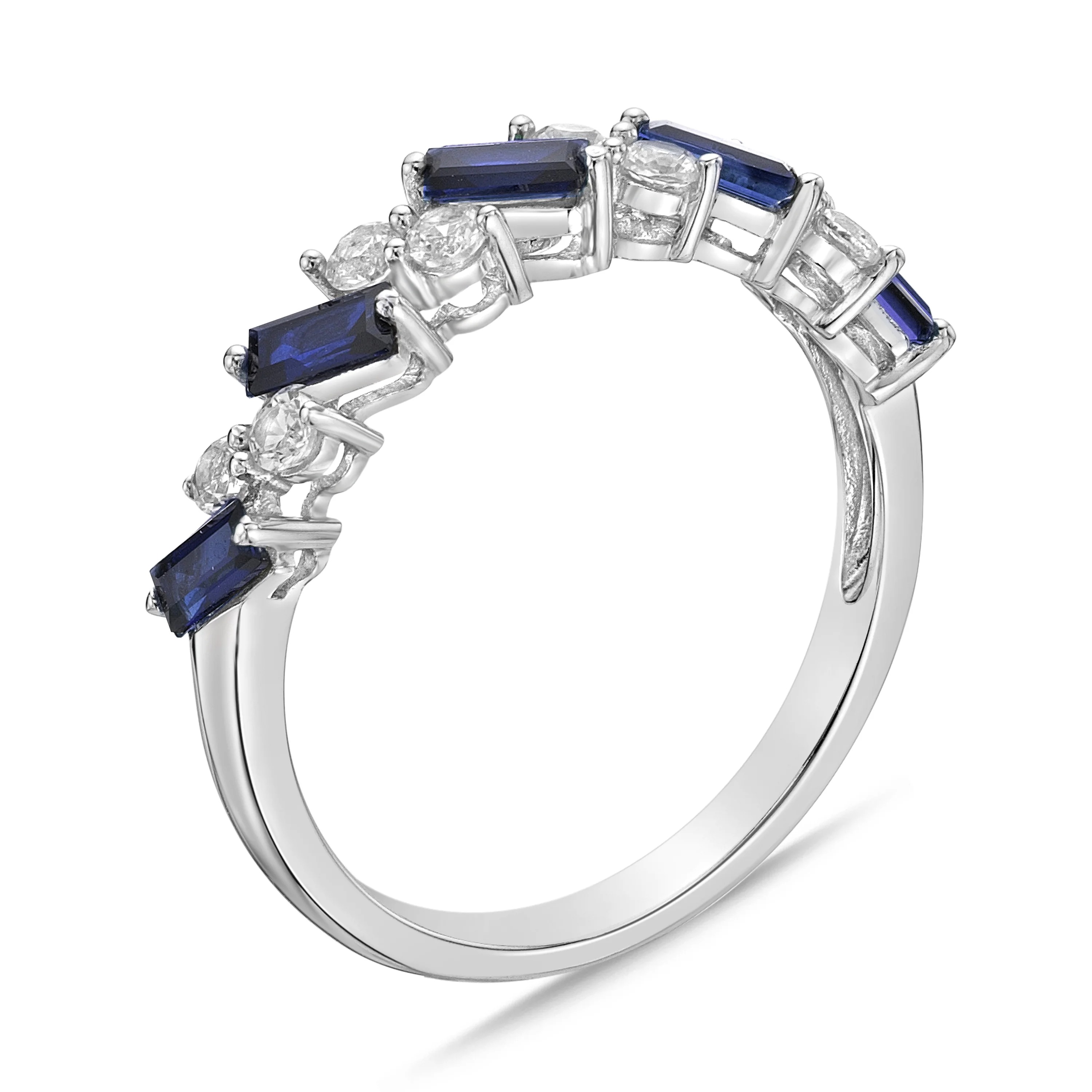 S925 Silver Baguette Sapphire and White Diamond Cluster Ring
