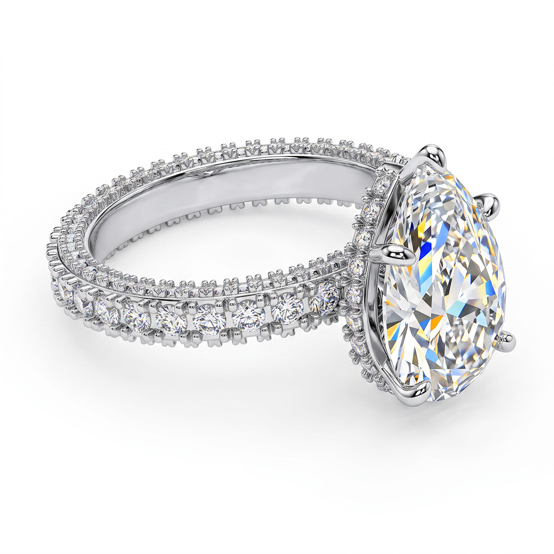 7.68CT Pear Cut VVS Moissanite Pave Engagement Ring