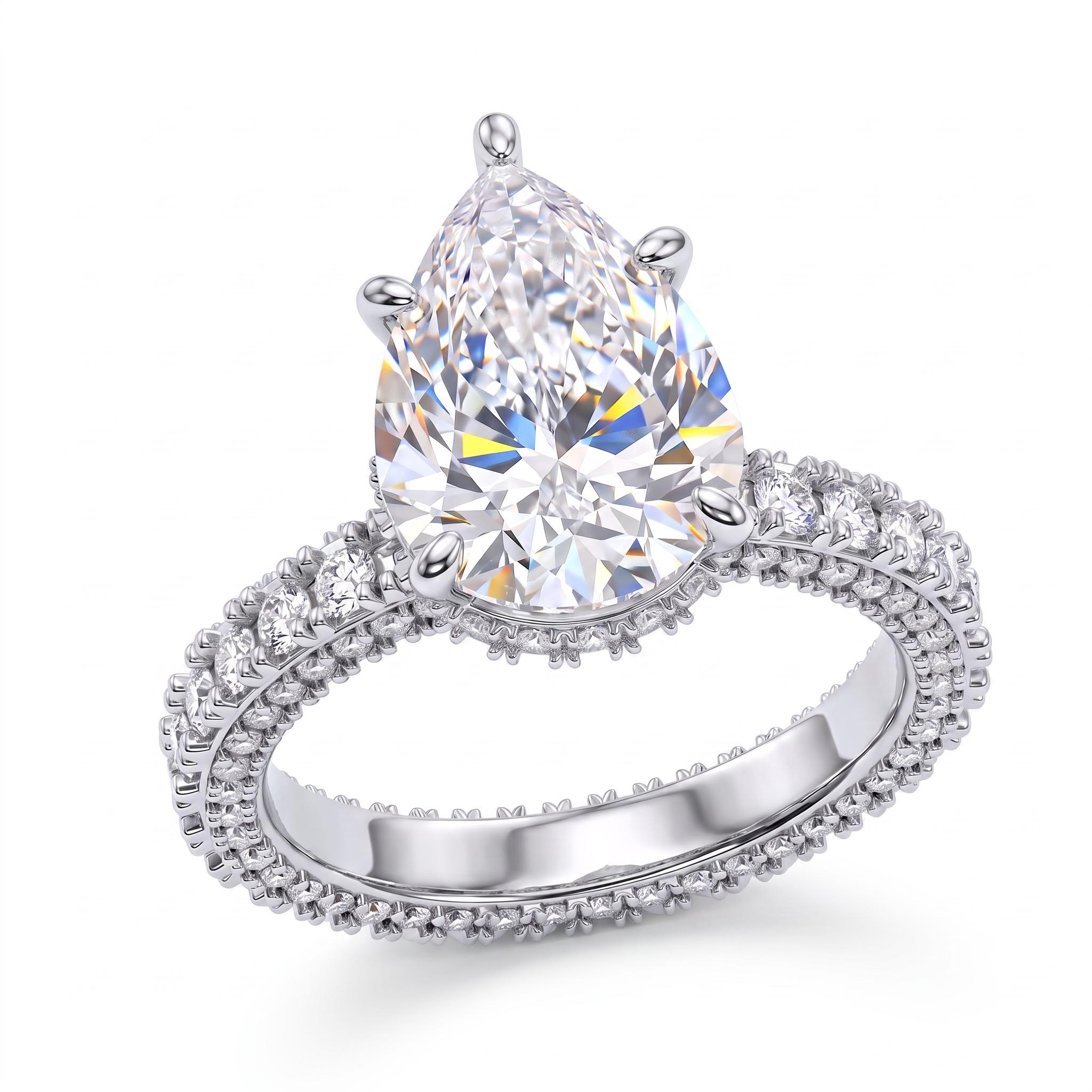 7.68CT Pear Cut VVS Moissanite Pave Engagement Ring