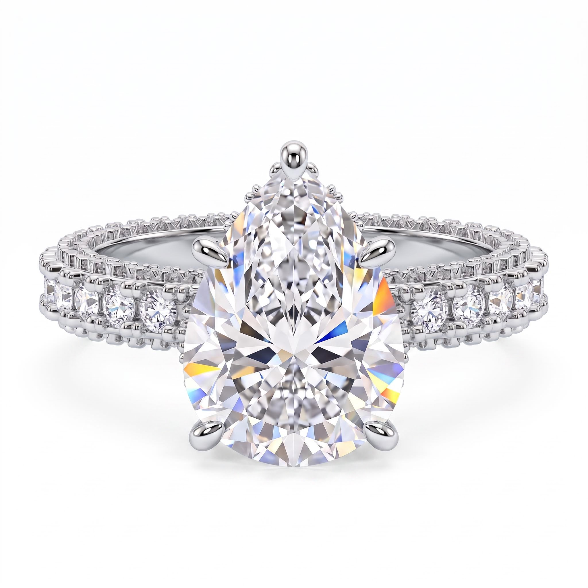 7.68CT Pear Cut VVS Moissanite Pave Engagement Ring