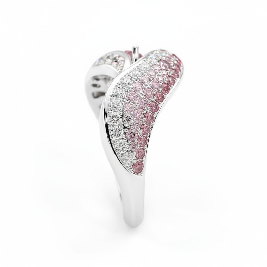 S925 Silver Curved Pink Pear Cut Cocktail Pave Engagement Ring