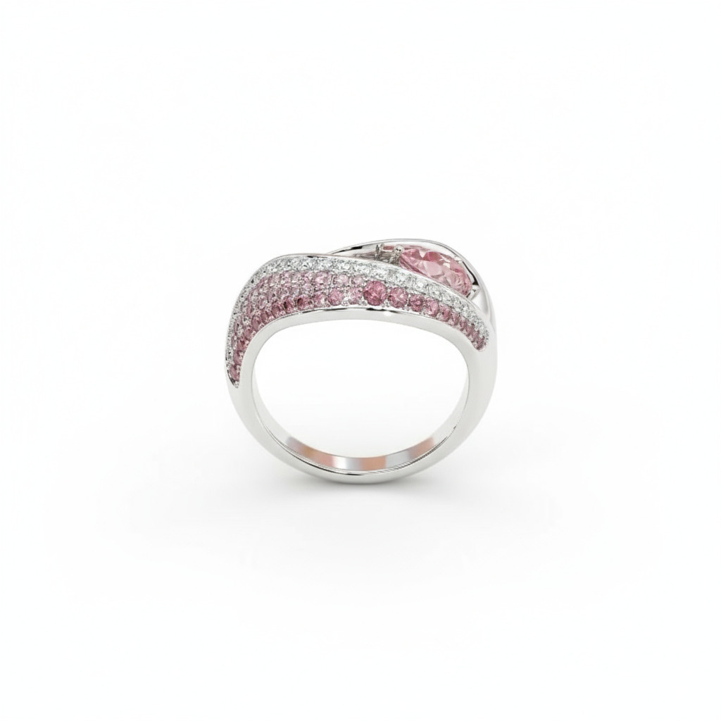 S925 Silver Curved Pink Pear Cut Cocktail Pave Engagement Ring