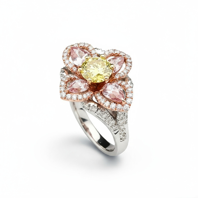 S925 Silver Four Leaf Clover Round Cut Halo Engagement Ring