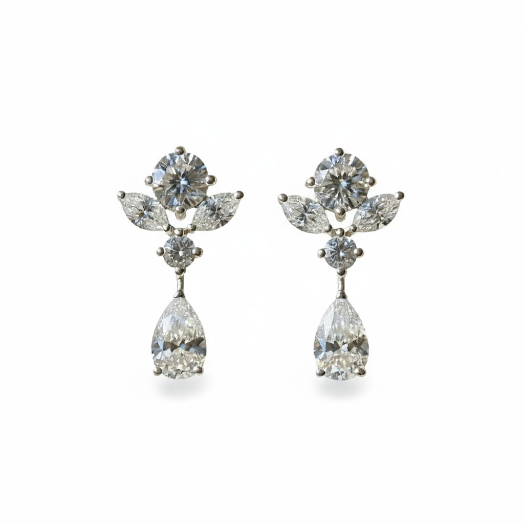 S925 Silver Pears and Marquise Cut Diamond Flower Drop Earrings