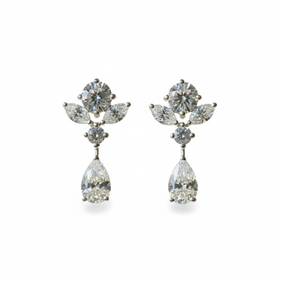 S925 Silver Pears and Marquise Cut Diamond Flower Drop Earrings