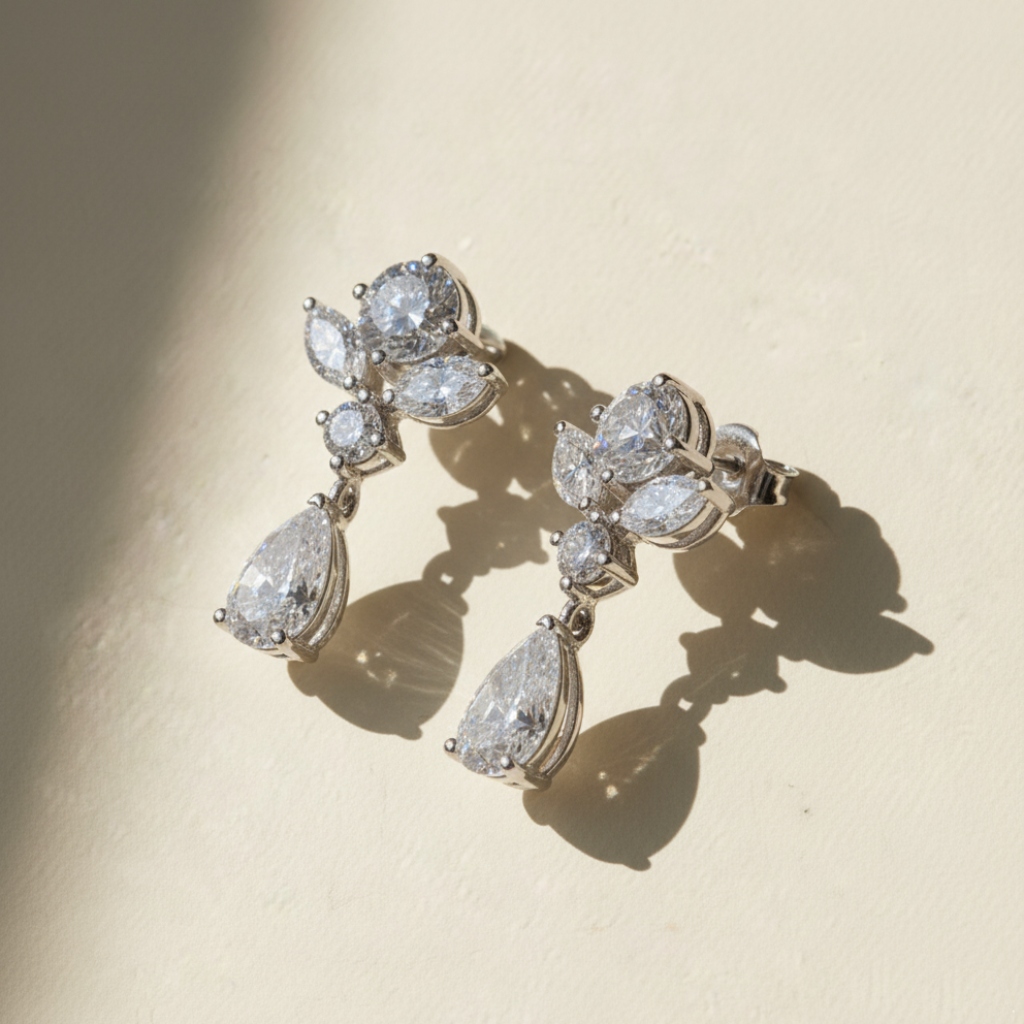 S925 Silver Pears and Marquise Cut Diamond Flower Drop Earrings