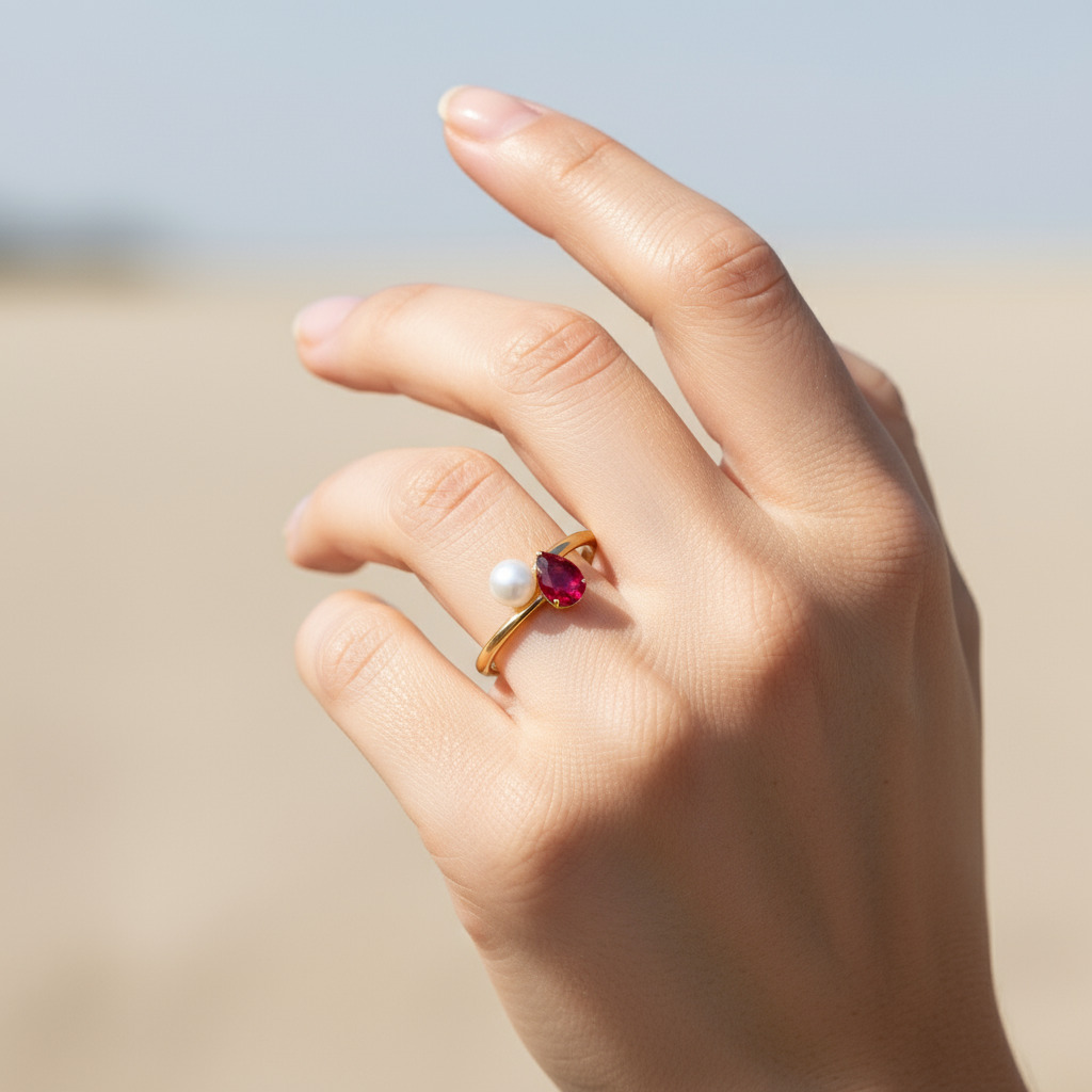S925 Silver Pear Ruby And Pearl Engagement Ring