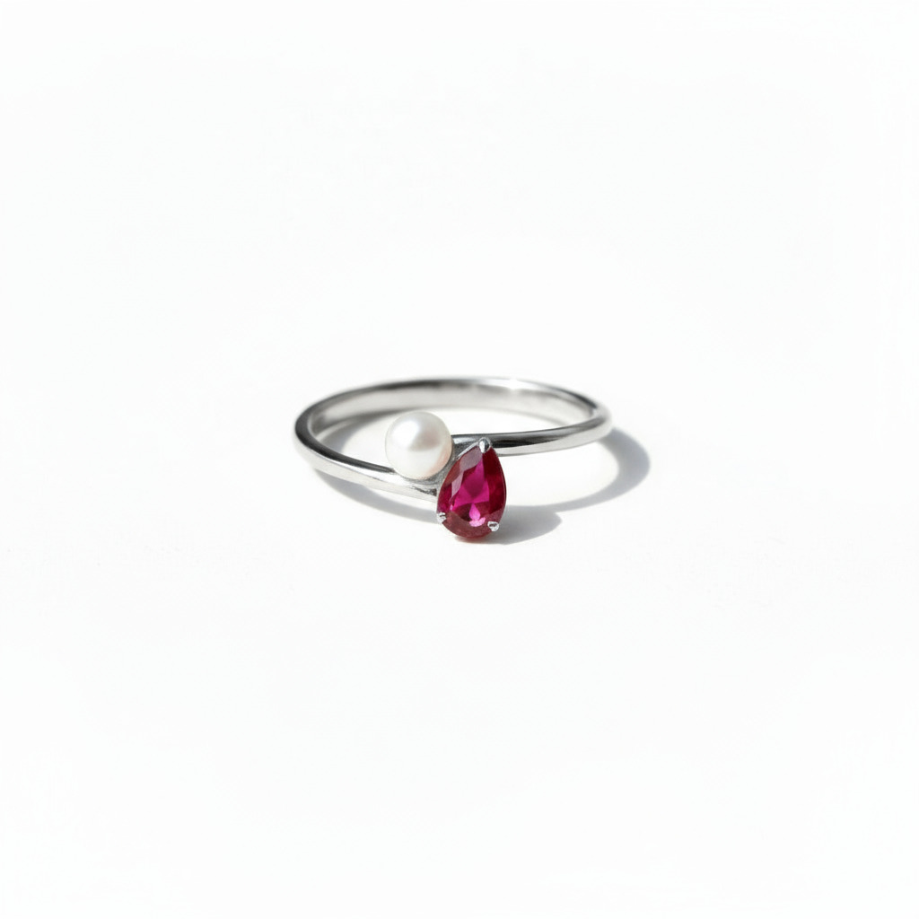 S925 Silver Pear Ruby And Pearl Engagement Ring