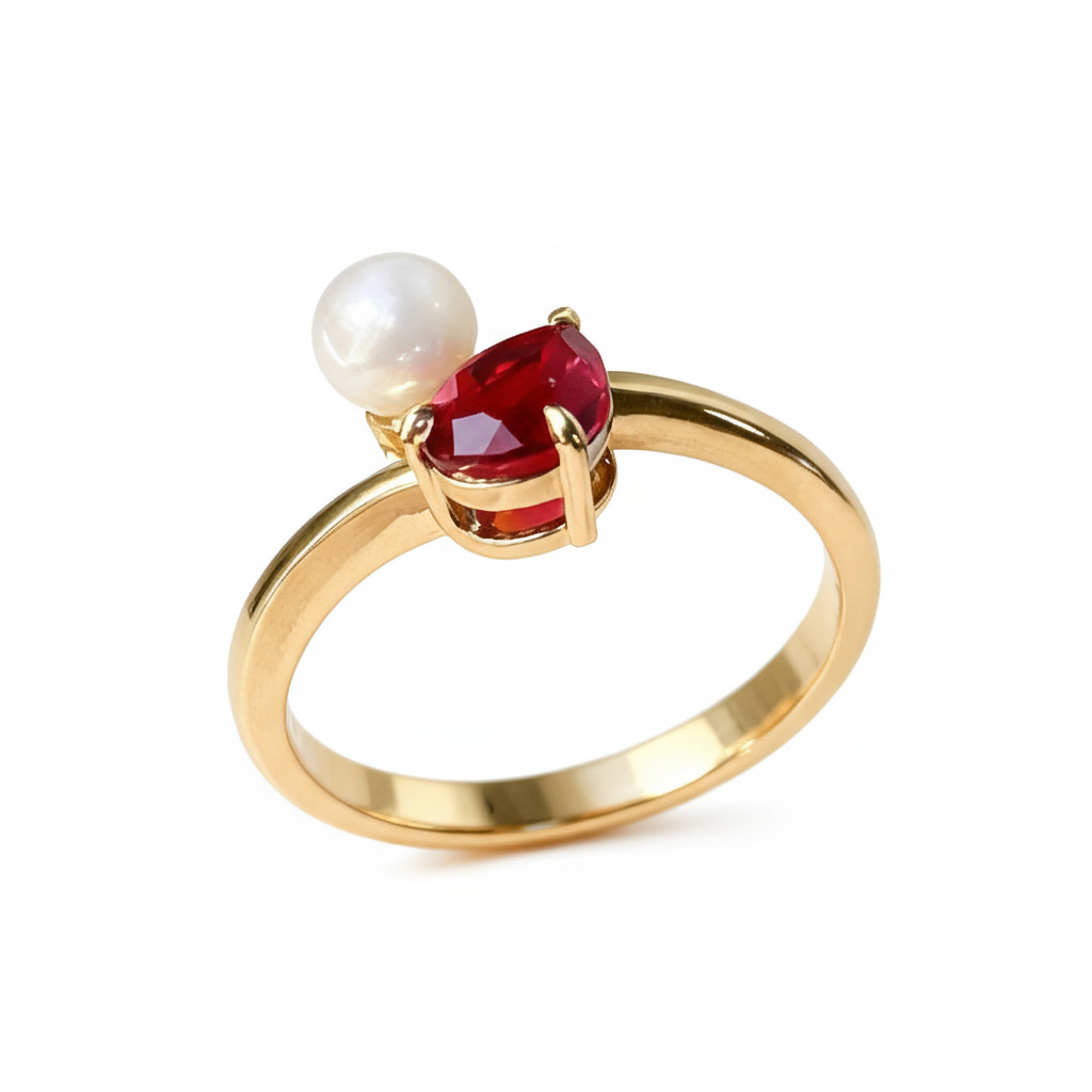 S925 Silver Pear Ruby And Pearl Engagement Ring