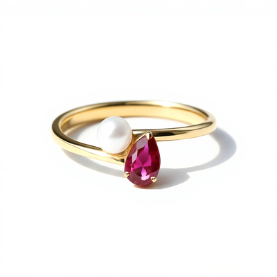 S925 Silver Pear Ruby And Pearl Engagement Ring