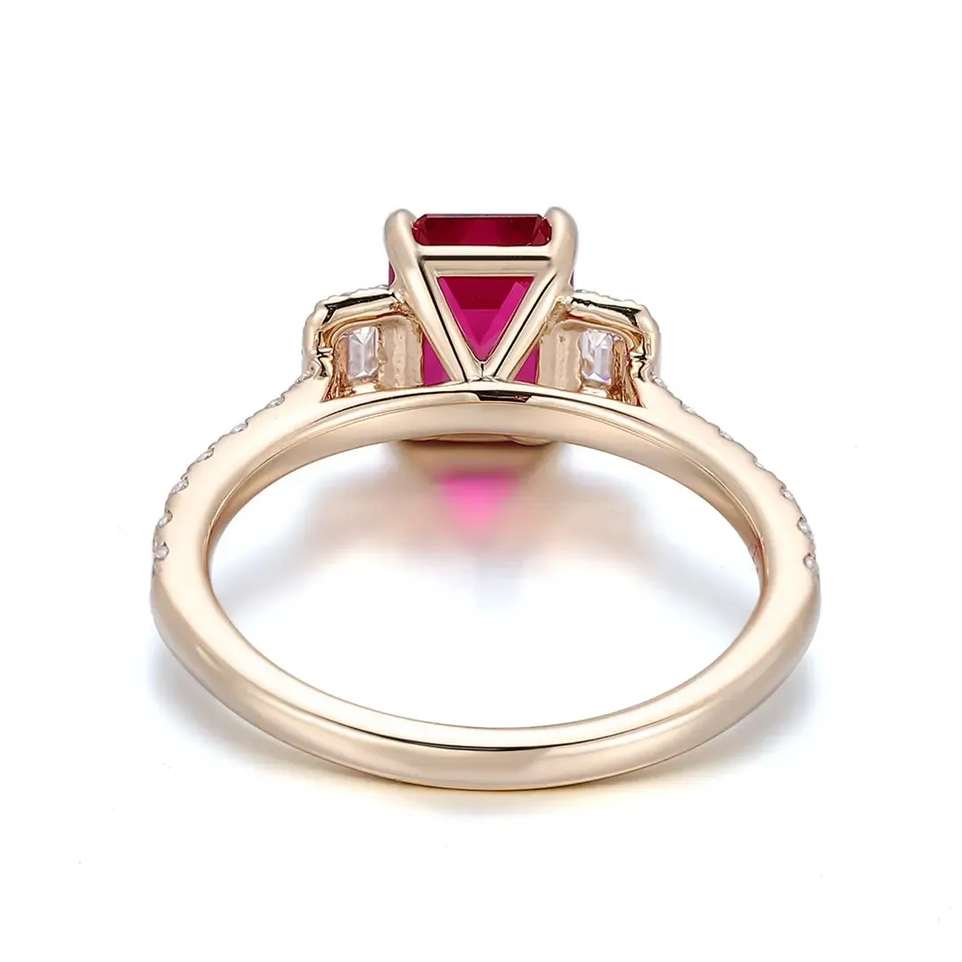 S925 Silver Emerald Cut Natural Ruby Three-Stone Engagement Ring