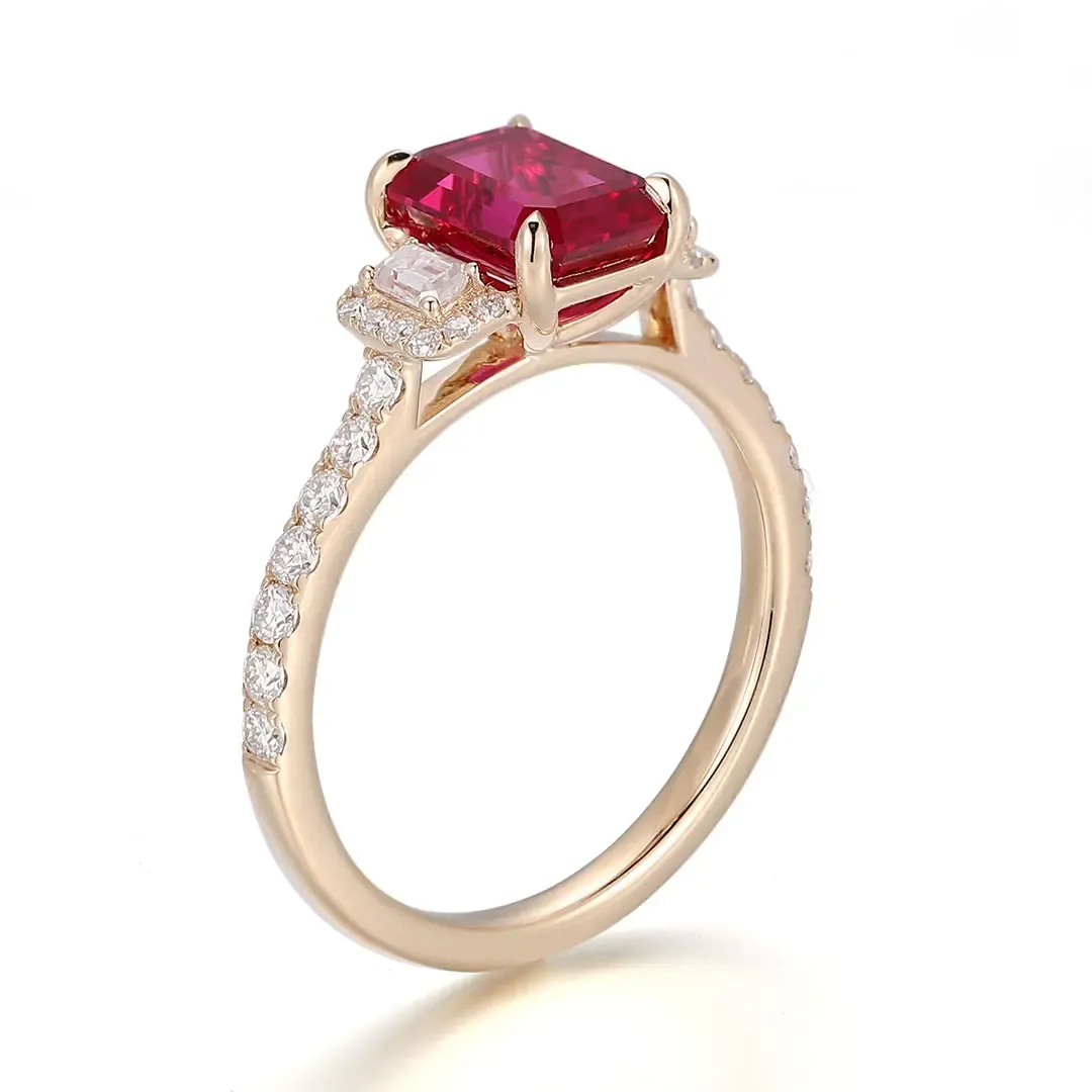 S925 Silver Emerald Cut Natural Ruby Three-Stone Engagement Ring