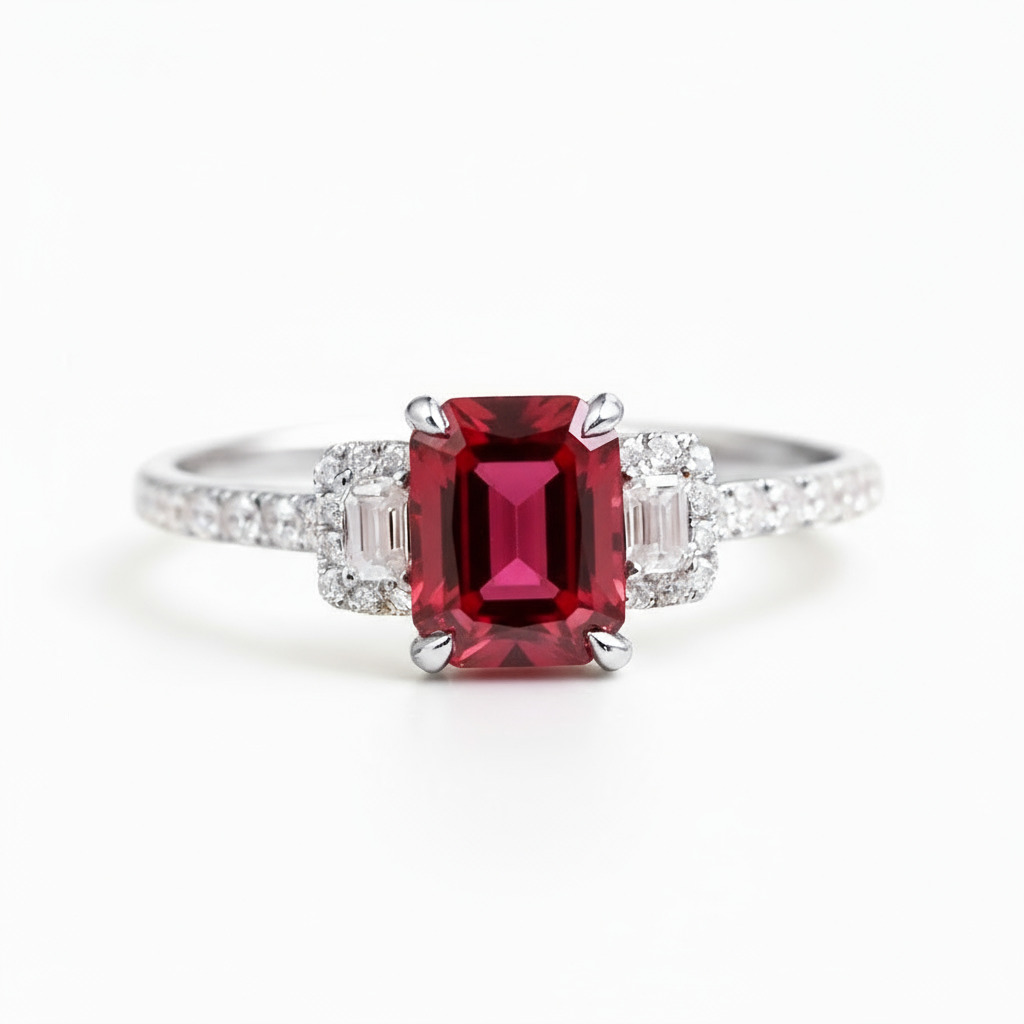 S925 Silver Emerald Cut Natural Ruby Three-Stone Engagement Ring