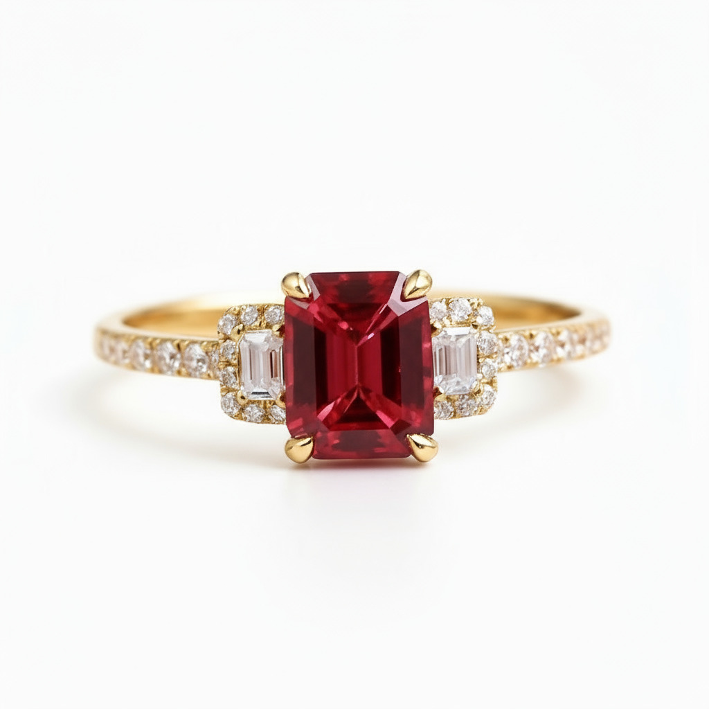 S925 Silver Emerald Cut Natural Ruby Three-Stone Engagement Ring