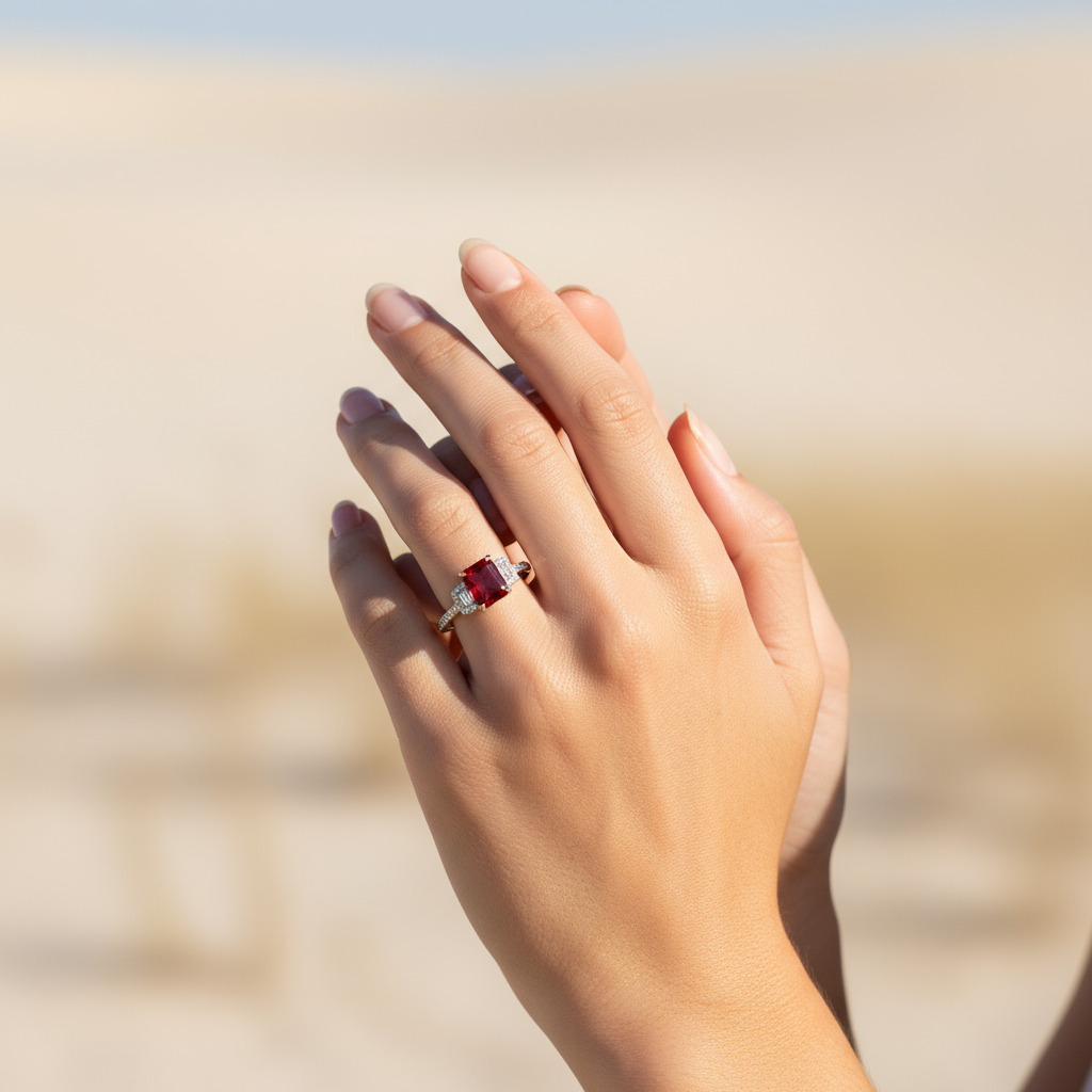 S925 Silver Emerald Cut Natural Ruby Three-Stone Engagement Ring