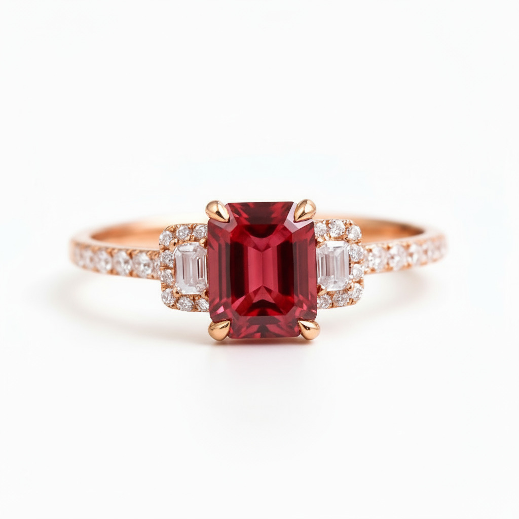 S925 Silver Emerald Cut Natural Ruby Three-Stone Engagement Ring