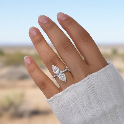 Pear Cut Two Stone VVS Moissanite Pave Engagement Ring
