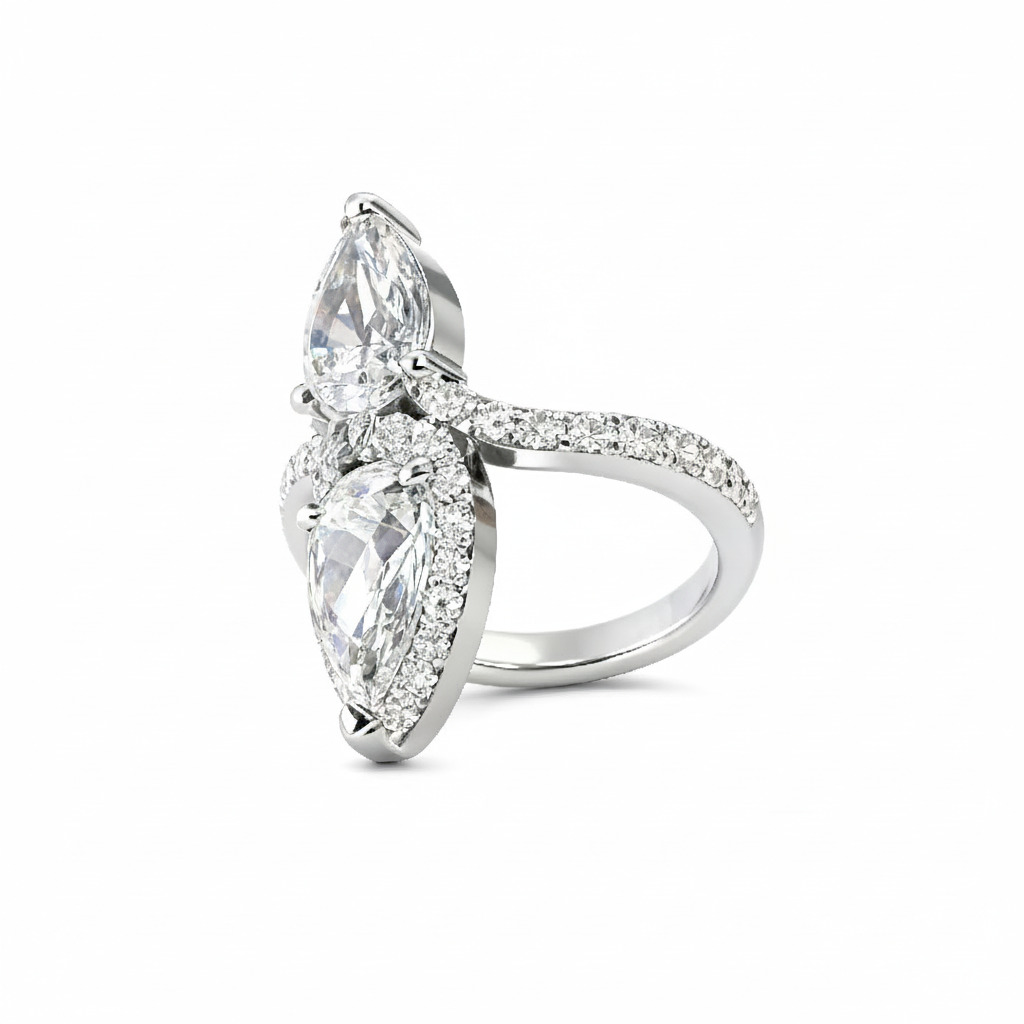 Pear Cut Two Stone VVS Moissanite Pave Engagement Ring