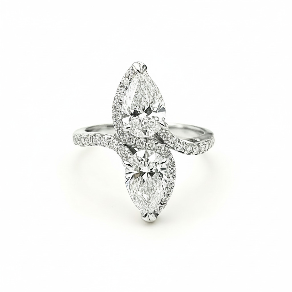 Pear Cut Two Stone VVS Moissanite Pave Engagement Ring