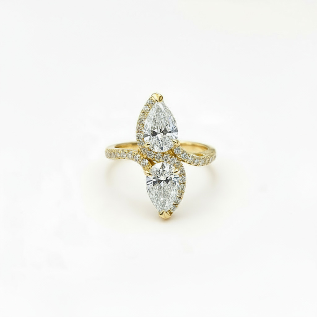 Pear Cut Two Stone VVS Moissanite Pave Engagement Ring