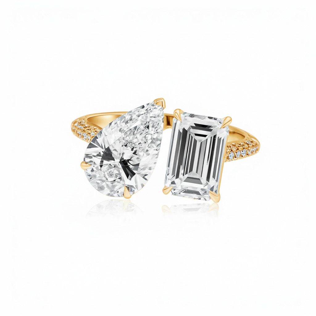 Pear & Emerald Cut VVS Moissanite Pave Engagement Ring Pear & Emerald Cut VVS Moissanite Pave Engagement Ring