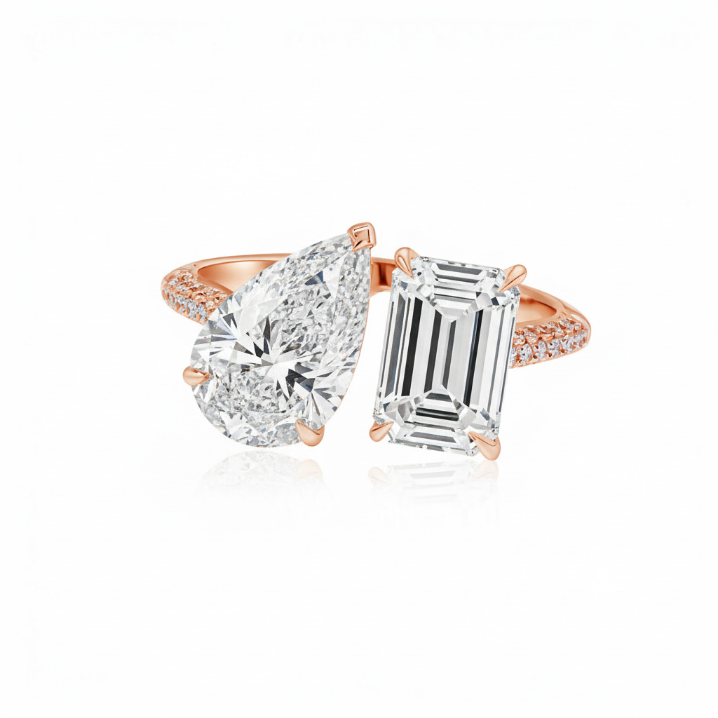 Pear & Emerald Cut VVS Moissanite Pave Engagement Ring Pear & Emerald Cut VVS Moissanite Pave Engagement Ring