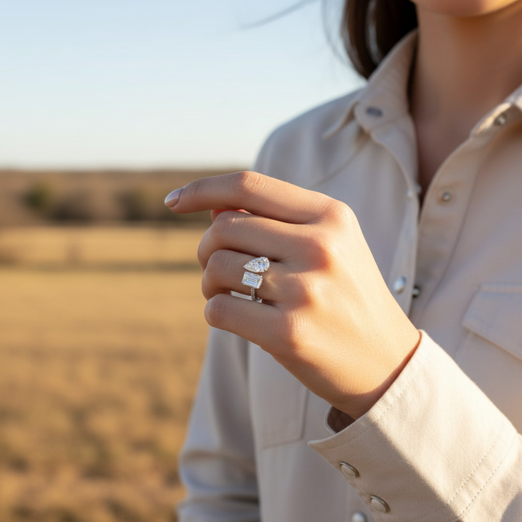 Pear & Emerald Cut VVS Moissanite Pave Engagement Ring Pear & Emerald Cut VVS Moissanite Pave Engagement Ring