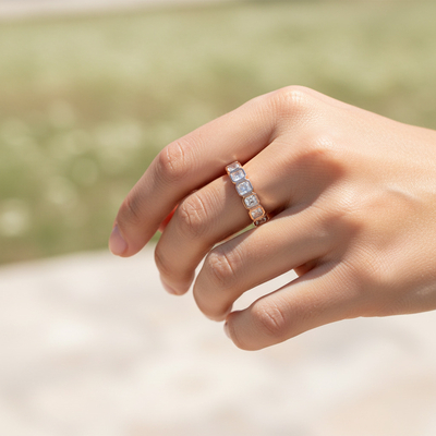 Bezel Set Asscher Cut VVS Moissanite Wedding Band