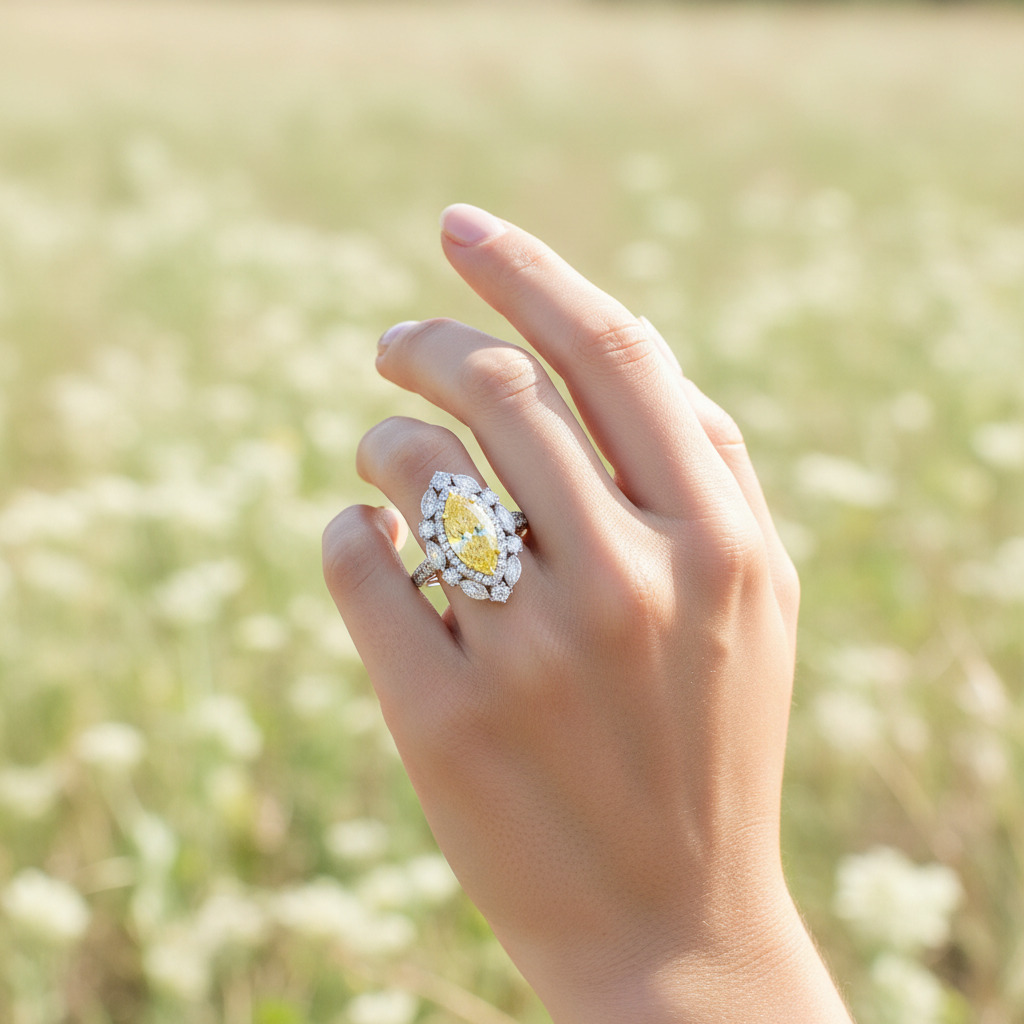 S925 Silver Yellow Marquise Cut Diamond Halo Engagement Ring