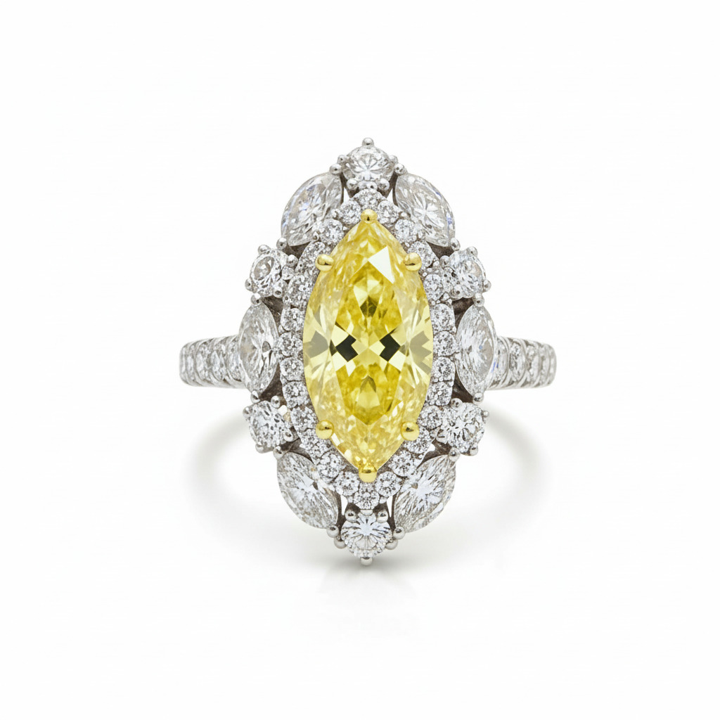 S925 Silver Yellow Marquise Cut Diamond Halo Engagement Ring