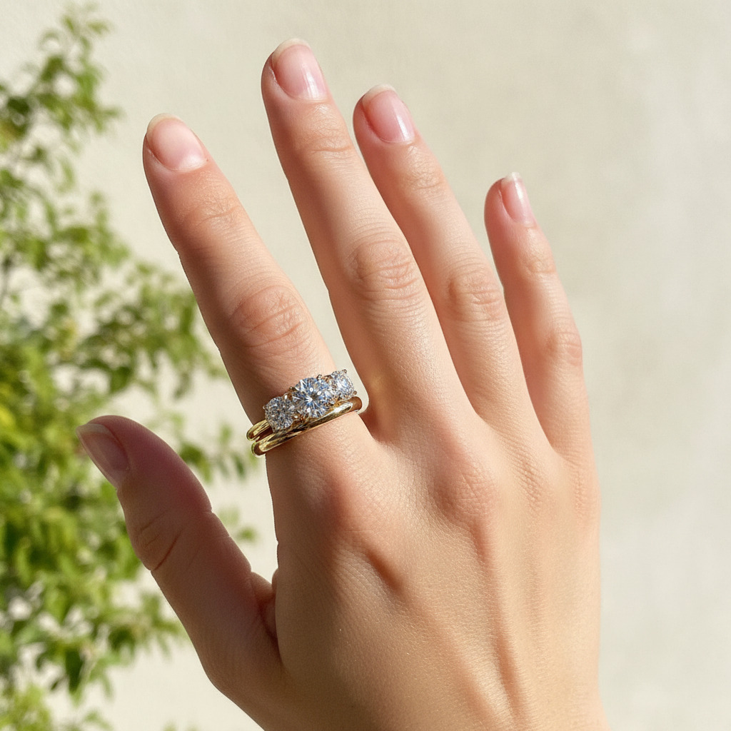 Round Cut VVS Moissanite Three Stone Engagement Ring Set