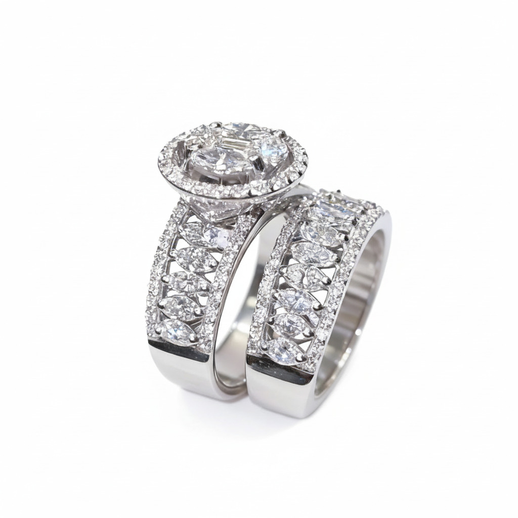 Marquise & Emerald Cut VVS Moissanite Pave Engagement Ring Set Marquise & Emerald Cut VVS Moissanite Pave Engagement Ring Set