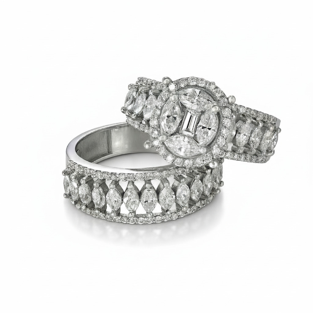 Marquise & Emerald Cut VVS Moissanite Pave Engagement Ring Set Marquise & Emerald Cut VVS Moissanite Pave Engagement Ring Set