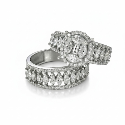 Marquise & Emerald Cut VVS Moissanite Pave Engagement Ring Set