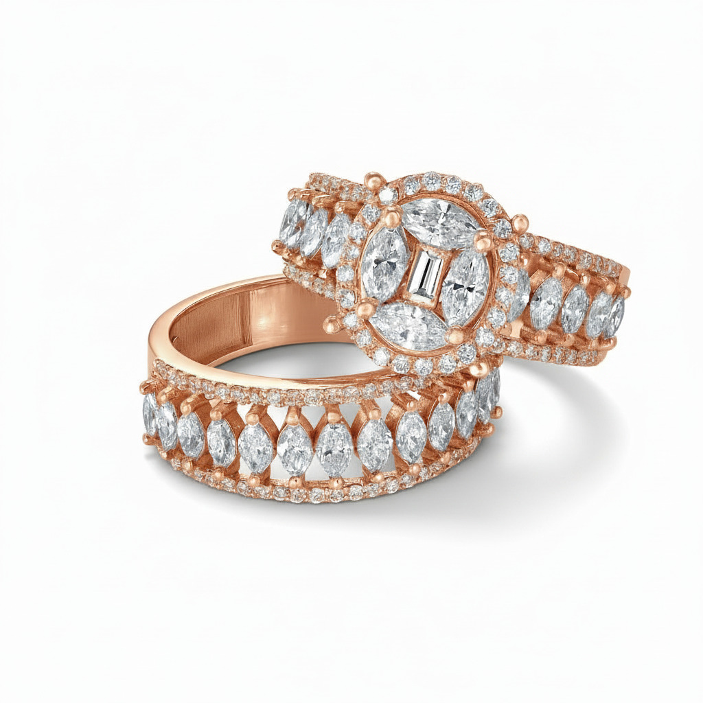 Marquise & Emerald Cut VVS Moissanite Pave Engagement Ring Set Marquise & Emerald Cut VVS Moissanite Pave Engagement Ring Set