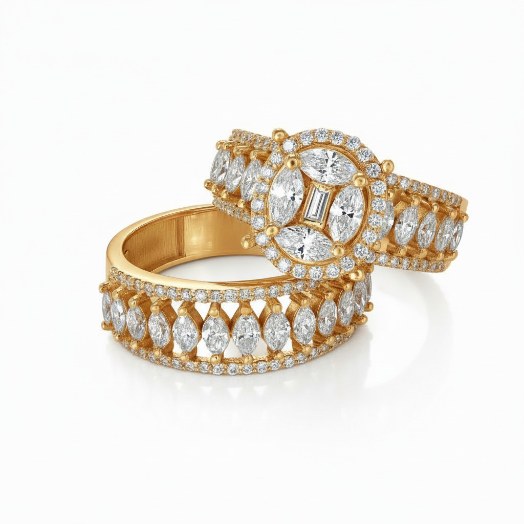 Marquise & Emerald Cut VVS Moissanite Pave Engagement Ring Set Marquise & Emerald Cut VVS Moissanite Pave Engagement Ring Set