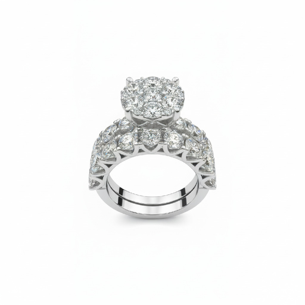 Round Cut VVS Moissanite Cluster Engagement Ring Set