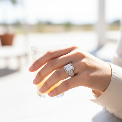 Baguette & Round Cut VVS Moissanite Pave Engagement Ring