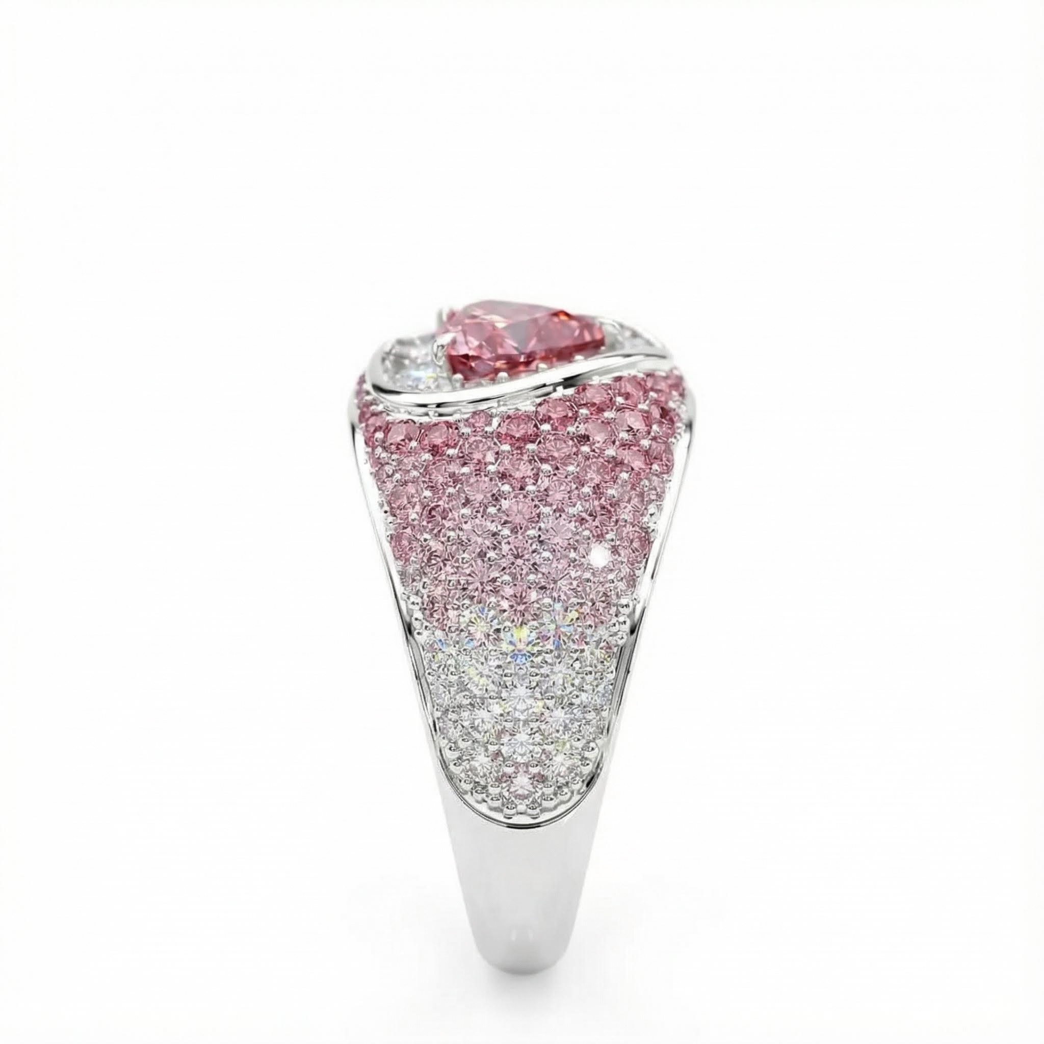 S925 Silver Heart Cut Pink Diamond Pave Engagement Ring