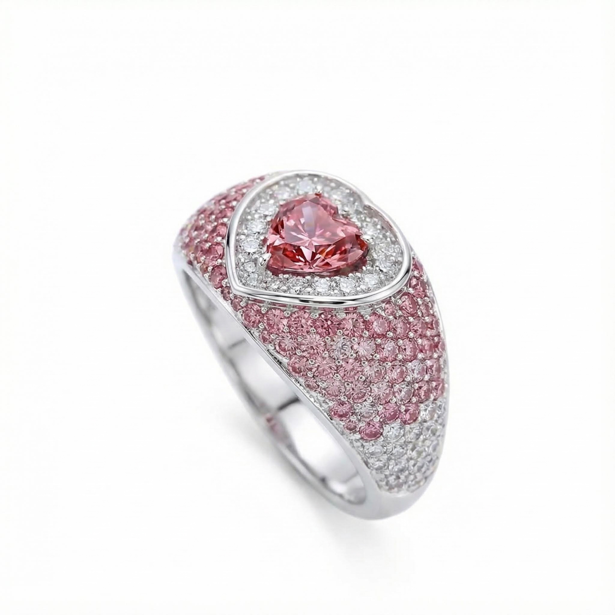 S925 Silver Heart Cut Pink Diamond Pave Engagement Ring