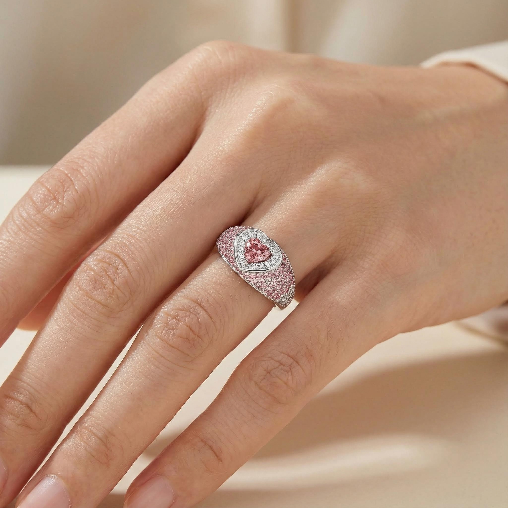 S925 Silver Heart Cut Pink Diamond Pave Engagement Ring
