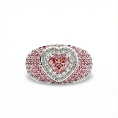S925 Silver Heart Cut Pink Diamond Pave Engagement Ring
