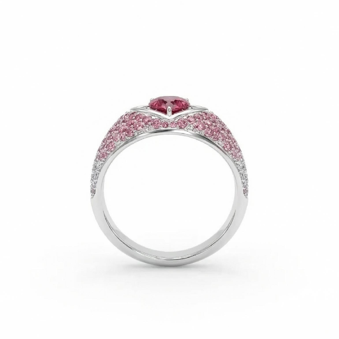 S925 Silver Heart Cut Pink Diamond Pave Engagement Ring