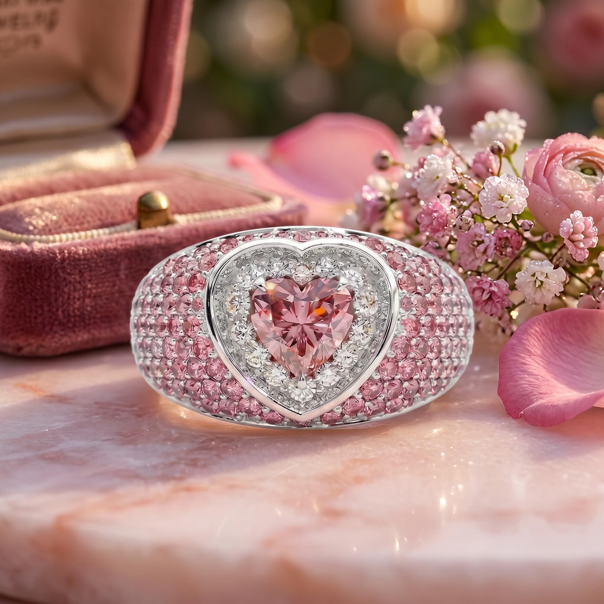 2.73ct. tw. S925 Silver Heart Cut Pink Diamond Pave Engagement Ring
