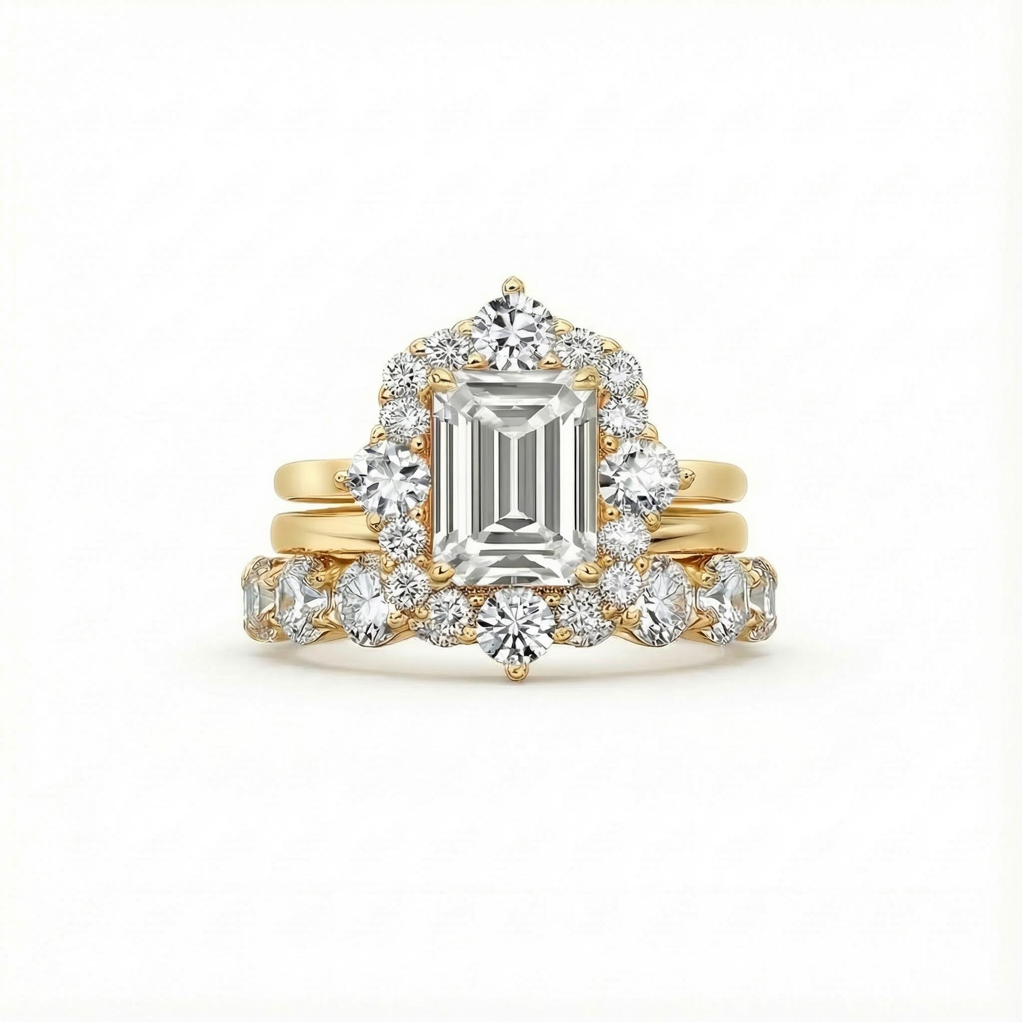 Emerald Cut VVS Moissanite Clustered Engagement Ring Set Emerald Cut VVS Moissanite Clustered Engagement Ring Set